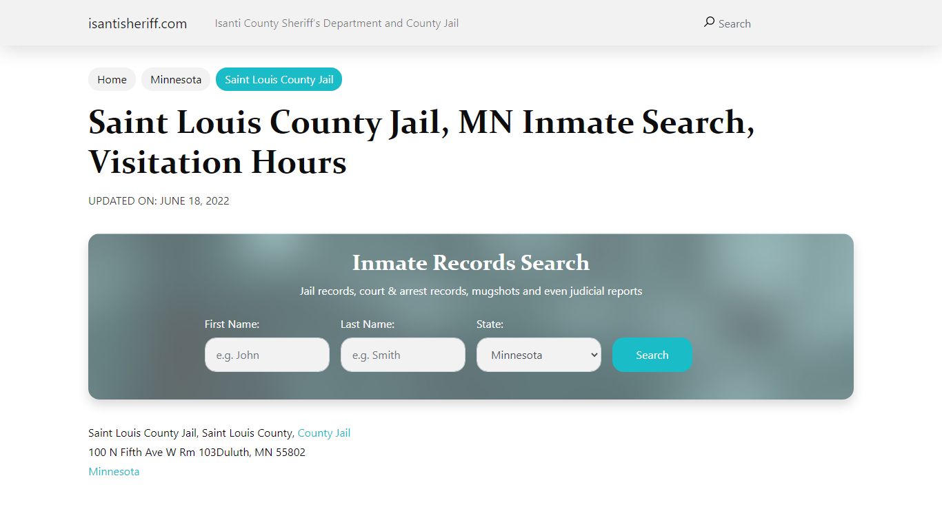 Saint Louis County Jail, MN Inmate Search, Visitation Hours